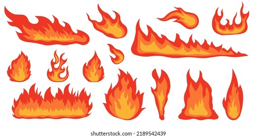 Fire flame, bright fireball, thermal forest fire and red hot bonfire, isolated vector illustration set. Cartoon bonfire.