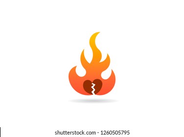 Fire flame with broken heart. Vector Logo Symbol