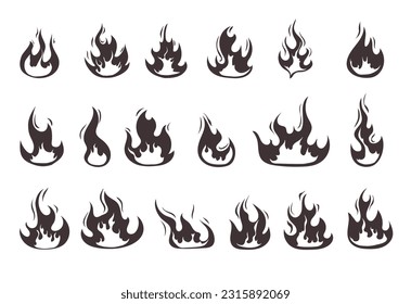 Fire flame burn black silhouette sketch isolated concept set. Vector design graphic illustration