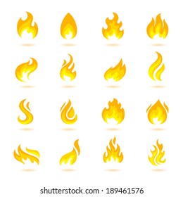 Fire flame burn flare torch hell fiery icons set isolated vector illustration