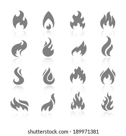 Fire flame burn flare torch shadow icons set isolated vector illustration