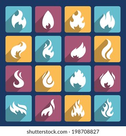 Fire flame burn flare torch hell fiery square long shadow icons set isolated vector illustration