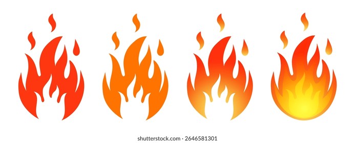 Chama de fogo, fogueira acesa, chamas vermelhas, sinal de aviso de perigo inflamável. Aquecimento, temperatura quente. Ignição, acender fogueira com faíscas. Cozimento quente. Brilhante lareira fogo brilhante. Vetor