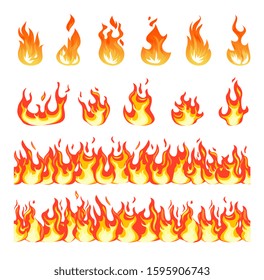 Fire flame. Burning firex seamless border, cartoon style blazing campfire. Fiery effect and different flat blazes. Flaming vector symbols