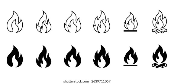 Fire flame burning icons vector set, various black outline and solid pictogram collection of hot danger heat warning signs, bonfire and campfire symbols for web, ui, app, energy, gas, and safety	