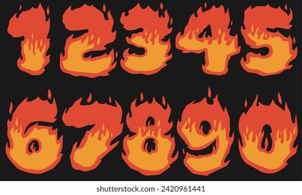 Fire flame burning number font 123 cartoon style vector illustration. Font set isolated on a black background.