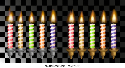 The fire, the flame of a candle. Set burning candles. Transparent background. Vector realistic isolated 3D mesh decoration.Birthday Cake candles. 