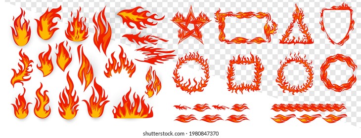 Fire flame. Cartoon bonfire and fiery borders decorative elements. Isolated bright red and orange blaze.  Animated form and square, fireball and flame. Vector illustration