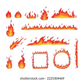 Fire flame. Cartoon bonfire and fiery borders decorative elements. Colorful templates for burning building, vector hot set