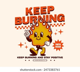 fire flame cartoon character illustration in retro style, character mascot and typographic can be used as t shirt, sticker, poster, print design and other uses.