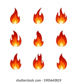 Fire flame cartoon set. Collection of hot flaming element. Vector flat illustration.