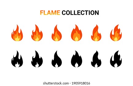 Fire flame cartoon set. Collection of hot flaming element. Vector flat illustration.