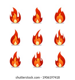 Fire flame cartoon set. Collection of hot flaming element. Vector flat illustration.