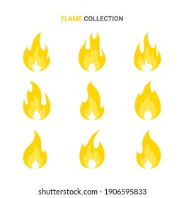 Fire flame cartoon set. Collection of hot flaming element. Vector flat illustration.