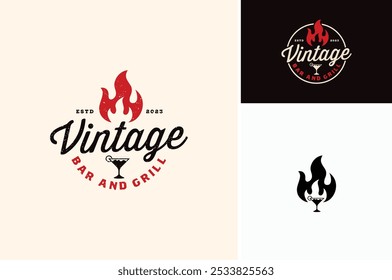 Chama de fogo com vidro de coquetel para prato de comida quente como churrasco de churrasco de churrasco de churrasco e bebida clássico vintage restaurante acolhedor e bar logo design