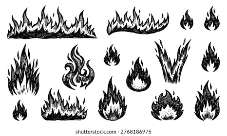 Fire flame collection in sketch style, featuring bonfire, blaze, heat, combustion, and energy elements.