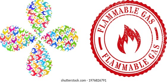 Fire flame colorful twirl fireworks, and red round FLAMMABLE GAS rough watermark. Fire flame symbol inside round watermark. Object twirl done from scattered fire flame symbols.