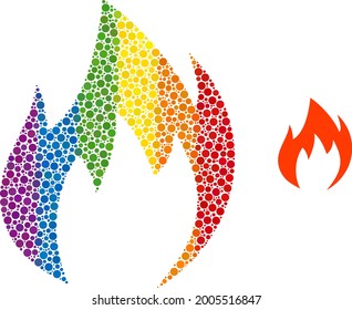 Fire flame composition icon of filled circles in variable sizes and spectrum color tinges. A dotted LGBT-colored fire flame for lesbians, gays, bisexuals, and transgenders.