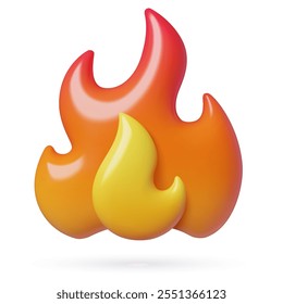 Feuer Flamme niedlich 3D Emoji. Heiß brennende Flammen Symbol dreidimensionale Vektorgrafik einzeln auf weißem Hintergrund.