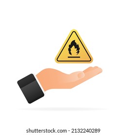 Fire flame danger icon in hand. Yellow illustration on white backdrop. Vector illustration