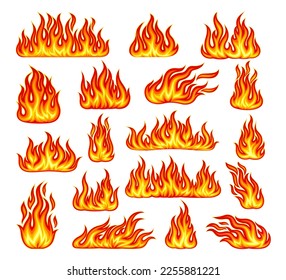 Fire Flame Decorative Elements with Bright Red and Orange Blaze Big Vector Set