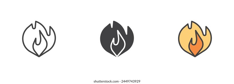 Juego de iconos de estilo diferente Fire flame. Línea, glifo y contorno relleno versión colorida, contorno y Vector relleno signo. Símbolo inflamable, ilustración del logotipo. Vector gráfico