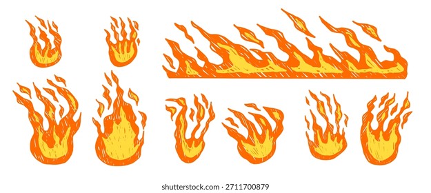 Fire flame doodles with crayon chalk and marker textures. Hand-drawn bonfire icons featuring rough brush strokes. Ideal for graffiti-style designs, posters, and artistic compositions. Vector symbols.