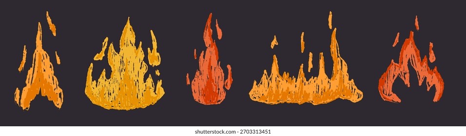 Fire with flame drawn with crayon pencil on dark blackboard background