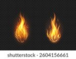 Fire flame effect, bonfire, realistic silhouette of match or torch flame. Lights and flames design on transparent background vector, png.