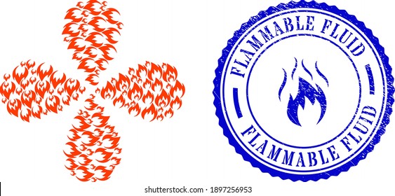 Flor abstracta de explosión de llama de fuego, y imitación de sello corroido con icono en el interior de FLUIDO FLAMÁBLE redondo azul. Flor de elemento con 4 pétalos diseñados con elementos de llama de fuego orientados.