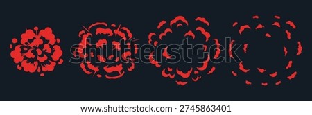 Fire flame explosive effects. Explosion animation, bomb blast, game bomb explosion comic animation flat vector illustration set. Cartoon explosion effect