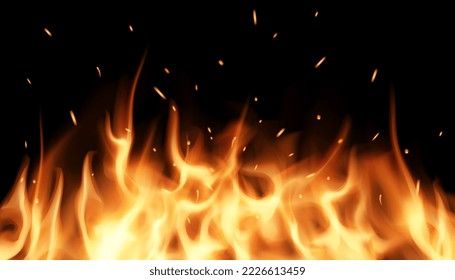 Fire flame fiery sparks on black background. Fire burst texture for banner backdrop. Red fire sparks vector flying burning background. Burning fiery sparks. Sparks of fire. Vector illustration EPS10.