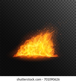 Fire flame with fiery sparks, vector eps 10. Burning campfire with particles.