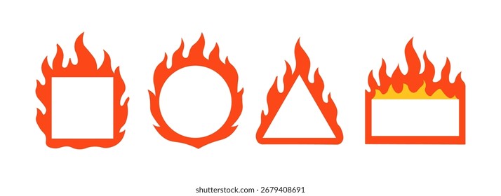 Llama de fuego, fogata de bola de fuego conjunto de iconos aislados de calor. Diseño abstracto de advertencia de llama ardiente fondo rojo anaranjado.