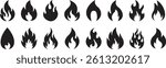 Fire flame flat icon set. Bonfire silhouette logotype. Burning fire flame icons collection isolated on transparent background. Campfire element vector illustration.