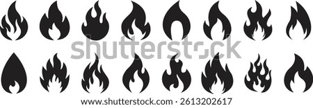 Fire flame flat icon set. Bonfire silhouette logotype. Burning fire flame icons collection isolated on transparent background. Campfire element vector illustration.