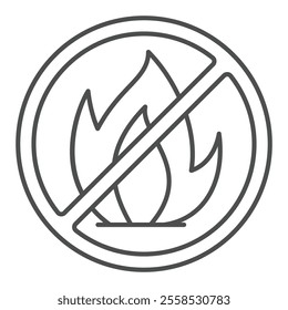 Fire flame forbidden thin line icon, no fireplace allowed concept. Vector graphics. Hot flammable gas sign on white background, outline style icon for mobile or web design