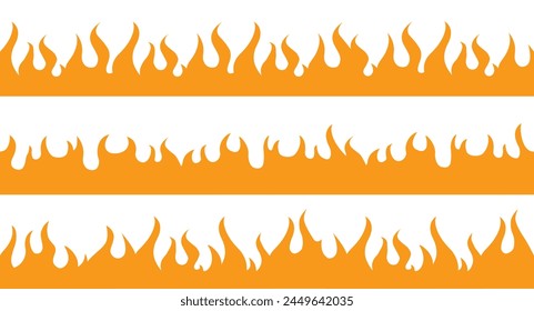 Fire flame frame borders set. Seamless orange fire frame border isolated on white background in cartoon style. Vector illustration