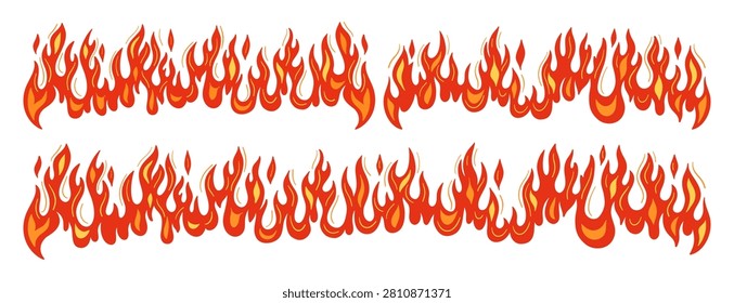 Fire flame frame cartoon set. Hand drawn fire wall, border, hot frame burning isolated vector. Hot blaze symbols, sticker for car tattoo, gas, grill symbol graphic design