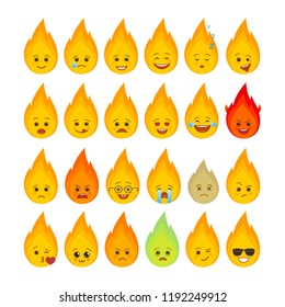 Fire flame funny emoticons isolated set. Romantic, love, laugh, happy blazing bonfire emoji symbols. Social communication and chatting vector elements. Campfire smile face with facial expression