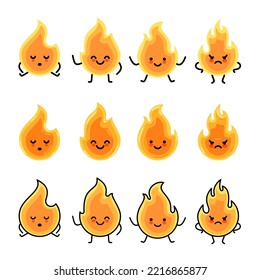 Emoticonos divertidos de llama de fuego aislados de conjunto de ilustración vectorial.

