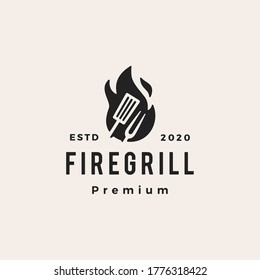 Fire Flame Grill Spatula Fork Hipster Vintage Logo Vector Icon Illustration