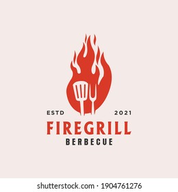 Fire flame grill spatula fork hipster vintage logo icon illustration Vector
