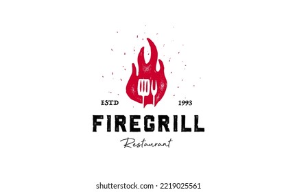 Fire flame grill spatula fork hipster vintage logo icon illustration