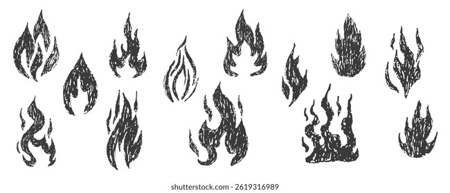 Fire flame grunge hand drawn chalk. Tattoo abstract y2k vintage simple shape. Crayon drawn red flame icon. Graffiti doodle.