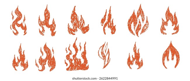 Fire flame grunge hand drawn chalk. Tattoo abstract y2k vintage simple shape. Crayon drawn red flame icon. Graffiti doodle.