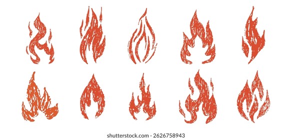 Tiza dibujada a mano del grunge de la llama del fuego. Tatuaje abstracto y2k vintage forma simple. Crayón dibujado icono de llama roja. Garabato de graffiti.