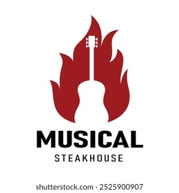 Fire Flame with Guitar Musical Instrument for Steakhouse Restaurant Bar Night Club Pub Logo Design