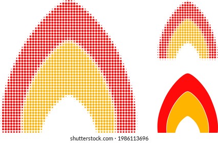 Fire flame halftone dotted icon. Halftone pattern contains round pixels. Vector illustration of fire flame icon on a white background.