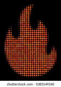 Fire flame halftone vector icon. Illustration style is pixel iconic fire flame symbol on a black background. Halftone structure is created from circle dots.